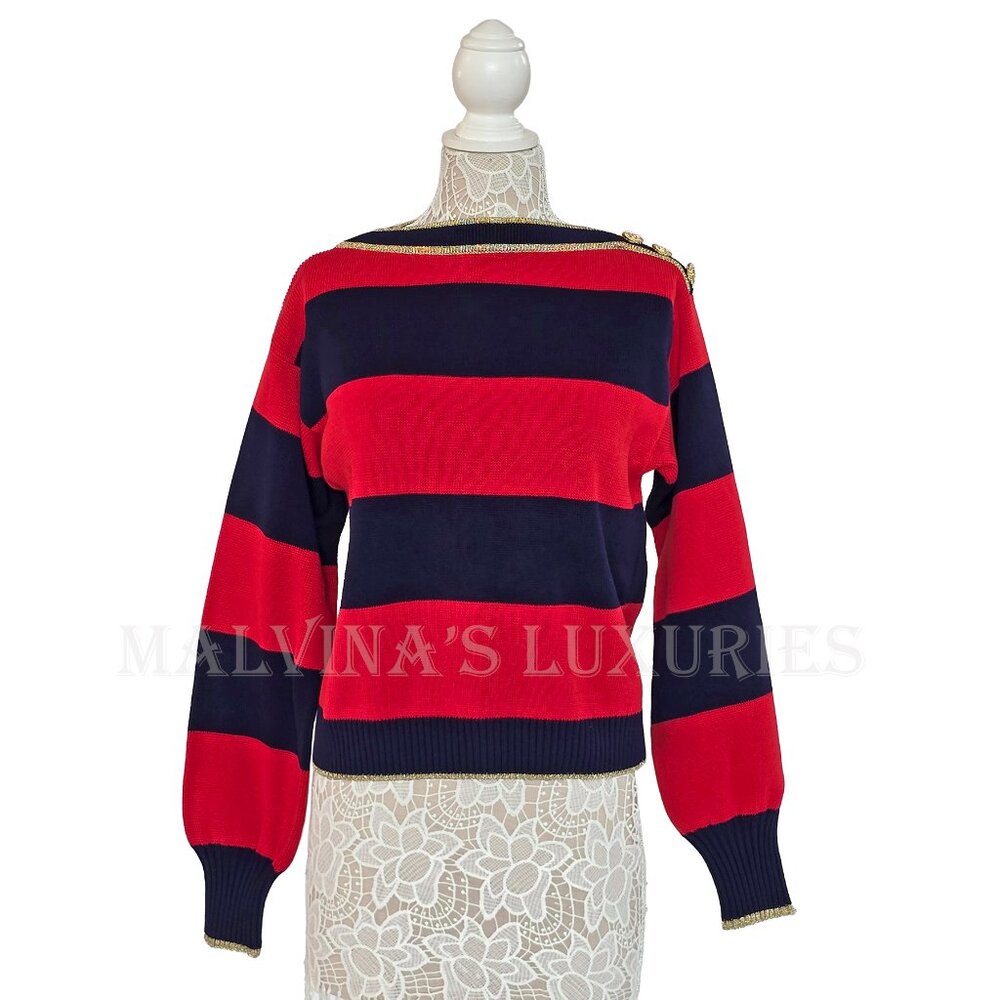GUCCI SWEATER STRIPED COTTON RED & BLUE JUMPER w LOGO BUTTONS - Picture 4 of 15